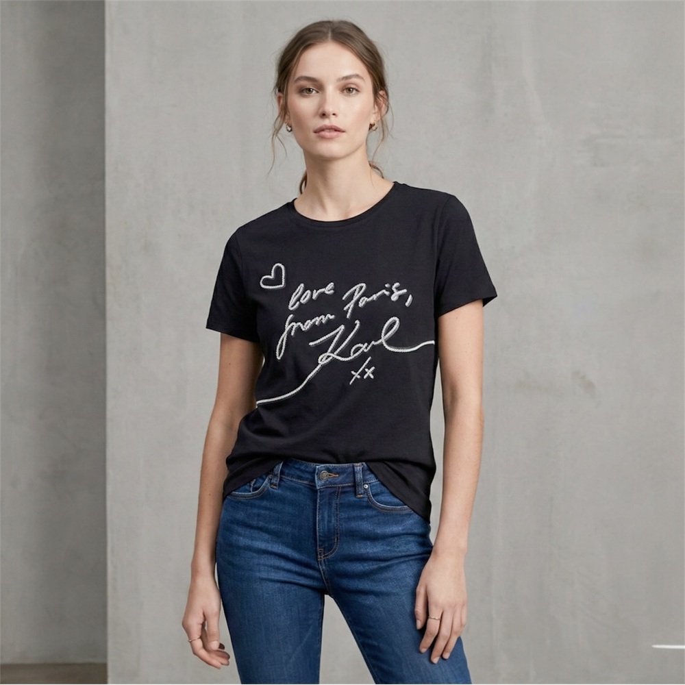 Karl Lagerfeld  Woman’s Black Script Tee From Paris Love Karl Xx Top T-shirt L‎